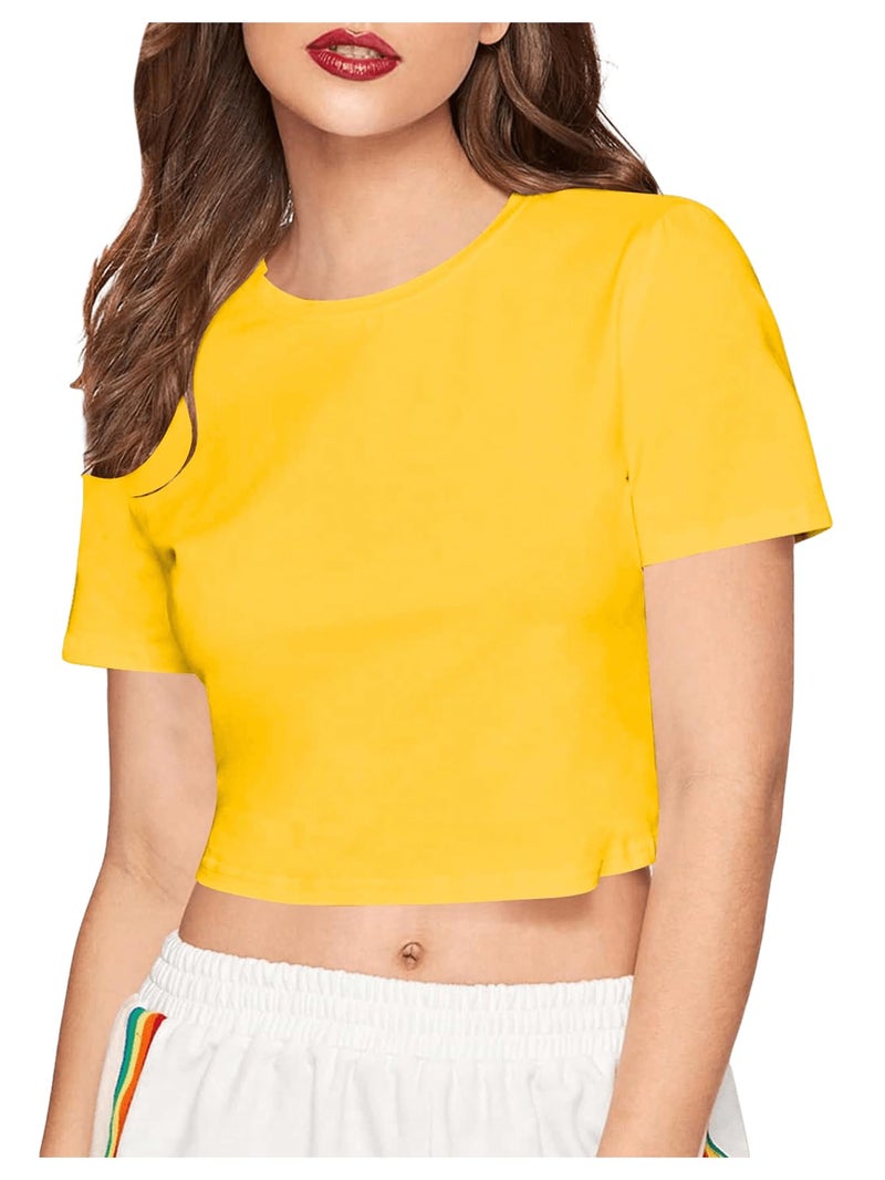 SweatyRocks Women's Casual Short Sleeve Crew Neck Basic Crop Top T Shirts Yellow M - Image 1